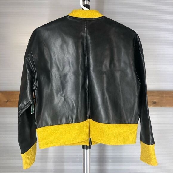 SISTER JANE‎ NWT Black Faux Leather Yellow Trim Bomber Jacket Sz S - Picture 3 of 6